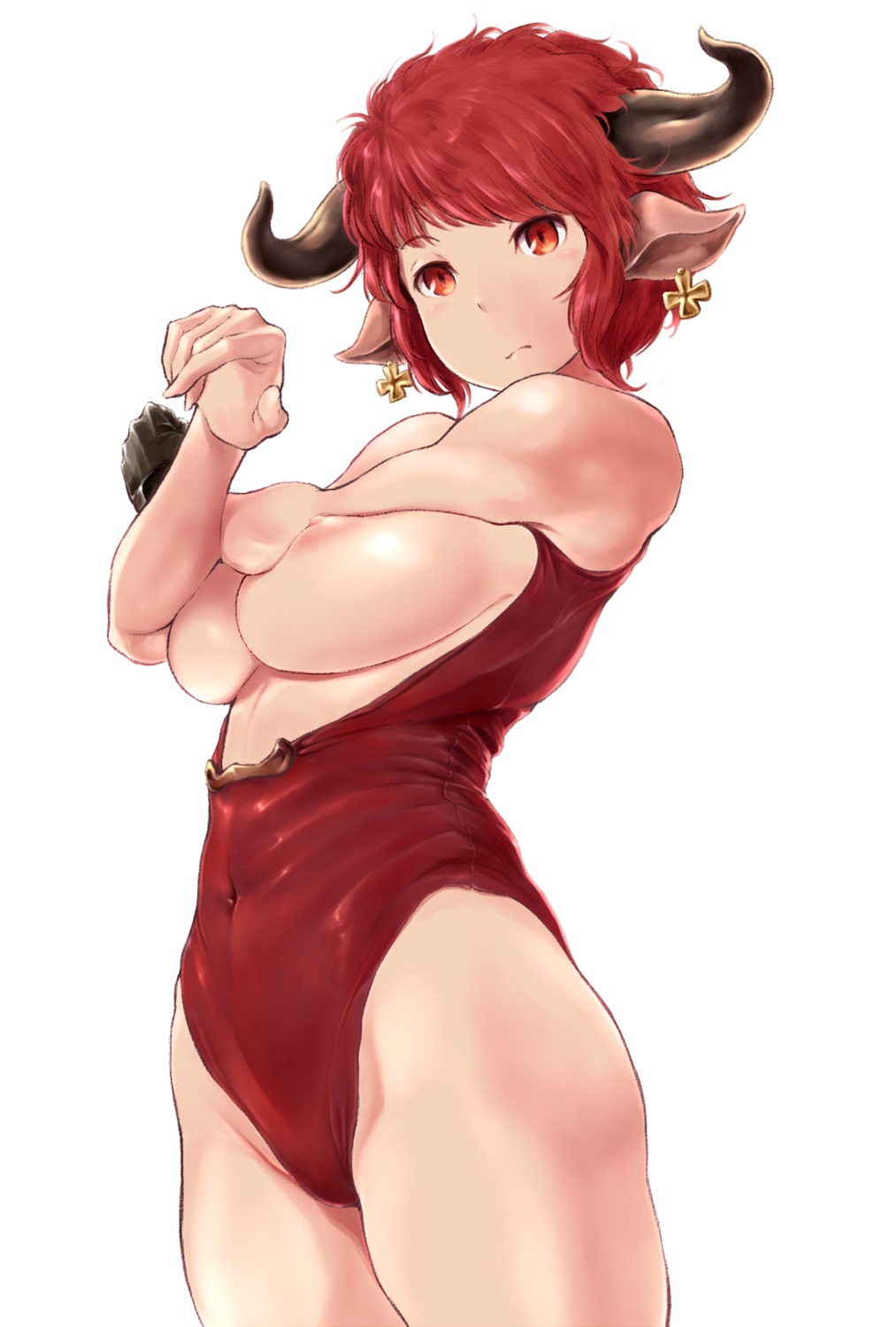 animal_ears breast_hold breasts granblue_fantasy horns leotard nipples no_bra open_shirt sturm_(granblue_fantasy) wa_(genryusui)