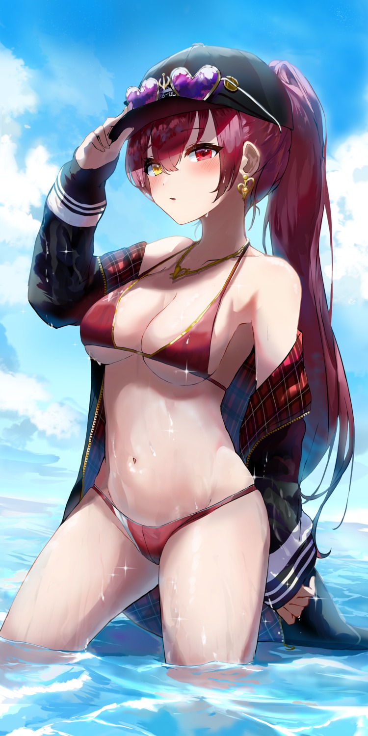 bikini heterochromia hololive houshou_marine kabedoru megane open_shirt swimsuits wet wet_clothes