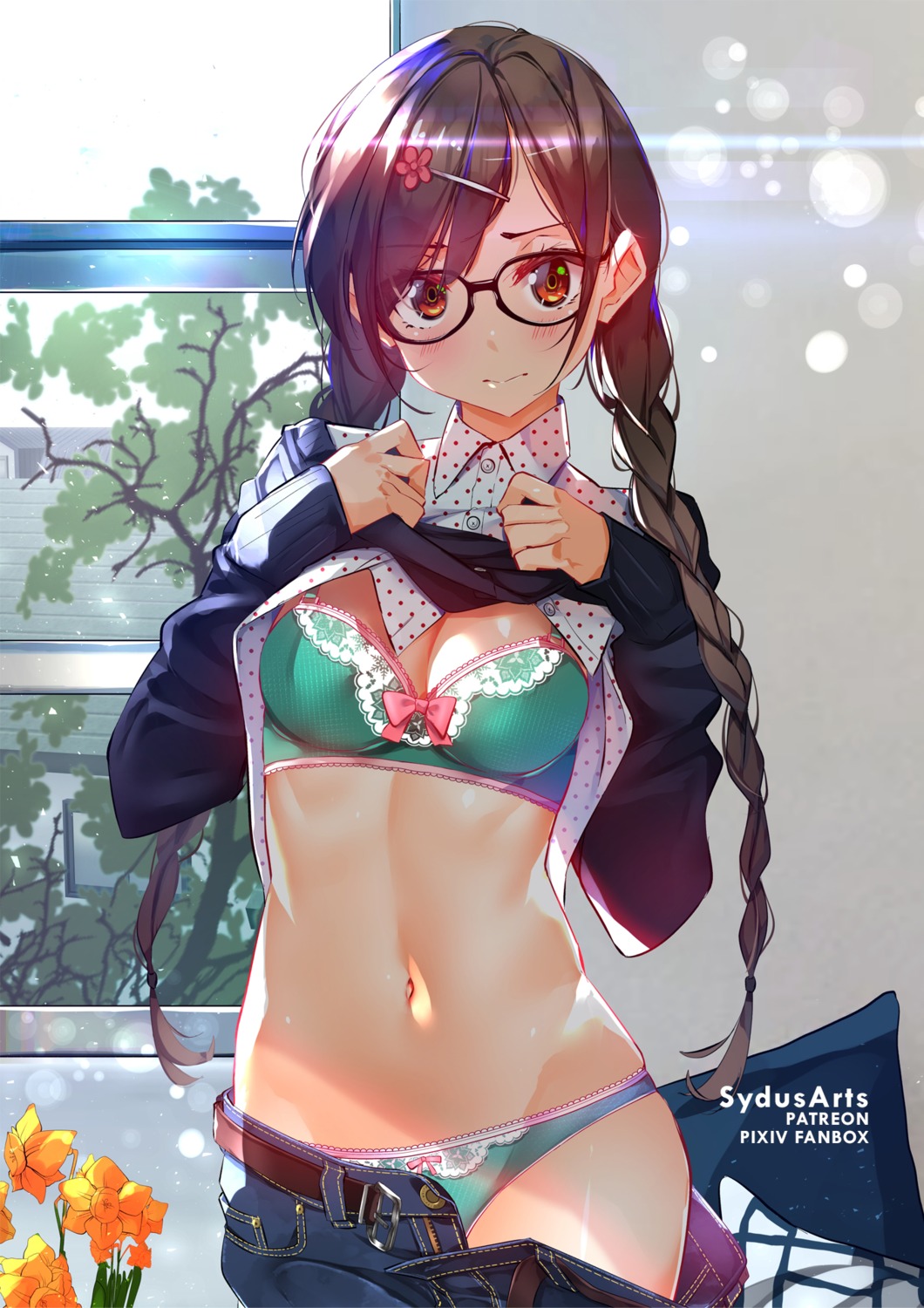 bra cleavage ichinose_chizuru kanojo_okarishimasu megane open_shirt pantsu shirt_lift sweater sydus undressing