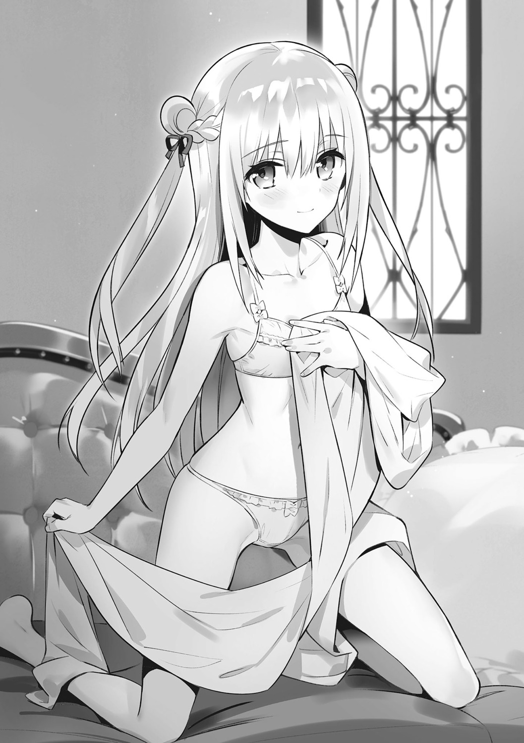 assassins_pride bra breast_hold monochrome ninomotonino pantsu sheets