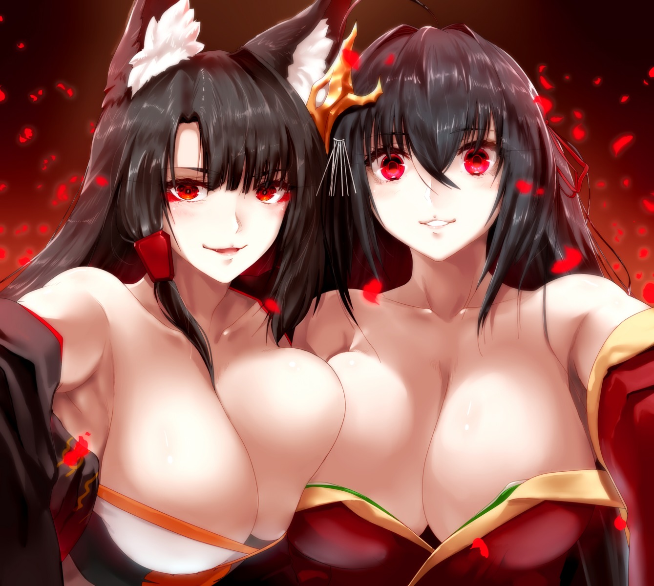 akagi_(azur_lane) animal_ears azur_lane cleavage japanese_clothes kitsune minarai_tenna no_bra open_shirt symmetrical_docking taihou_(azur_lane)