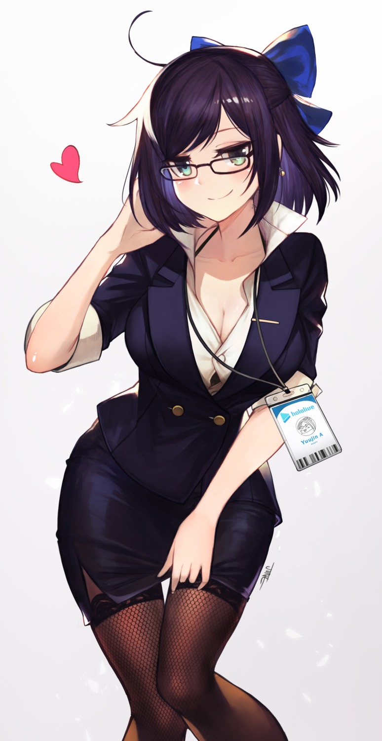 business_suit cleavage fishnets hololive jun_wei megane stockings thighhighs yuujin_a_(hololive)