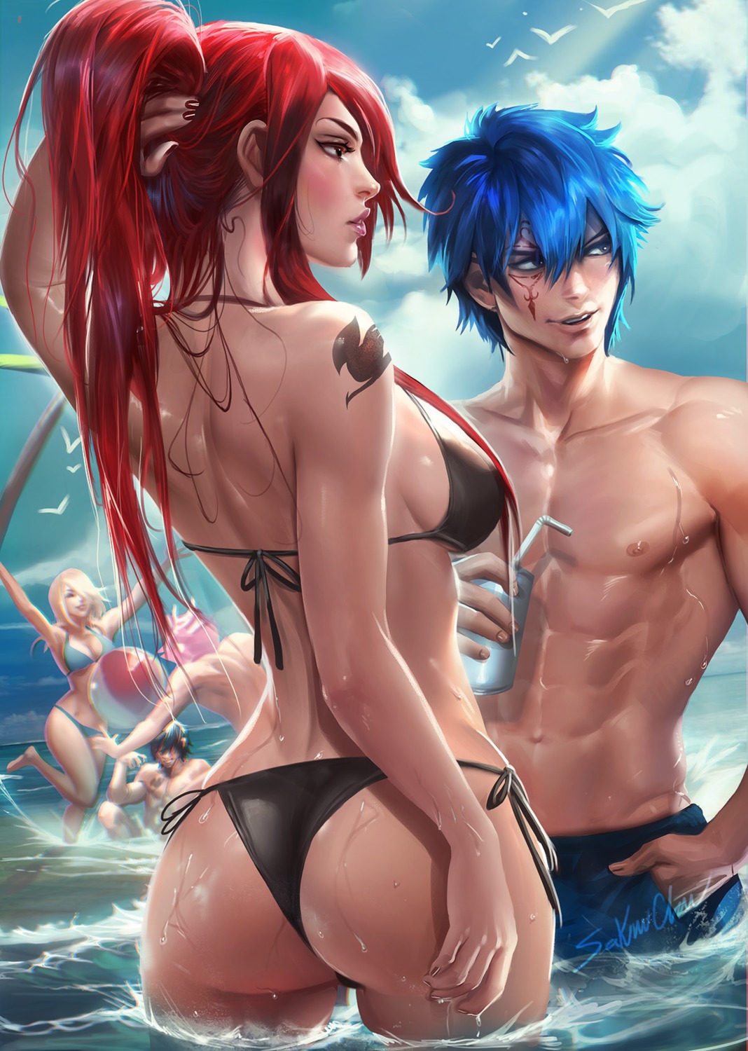 ass bikini cleavage erza_scarlet fairy_tail gray_fullbuster jellal_fernandes lucy_heartfilia natsu_dragneel sakimichan swimsuits tattoo thighhighs wet