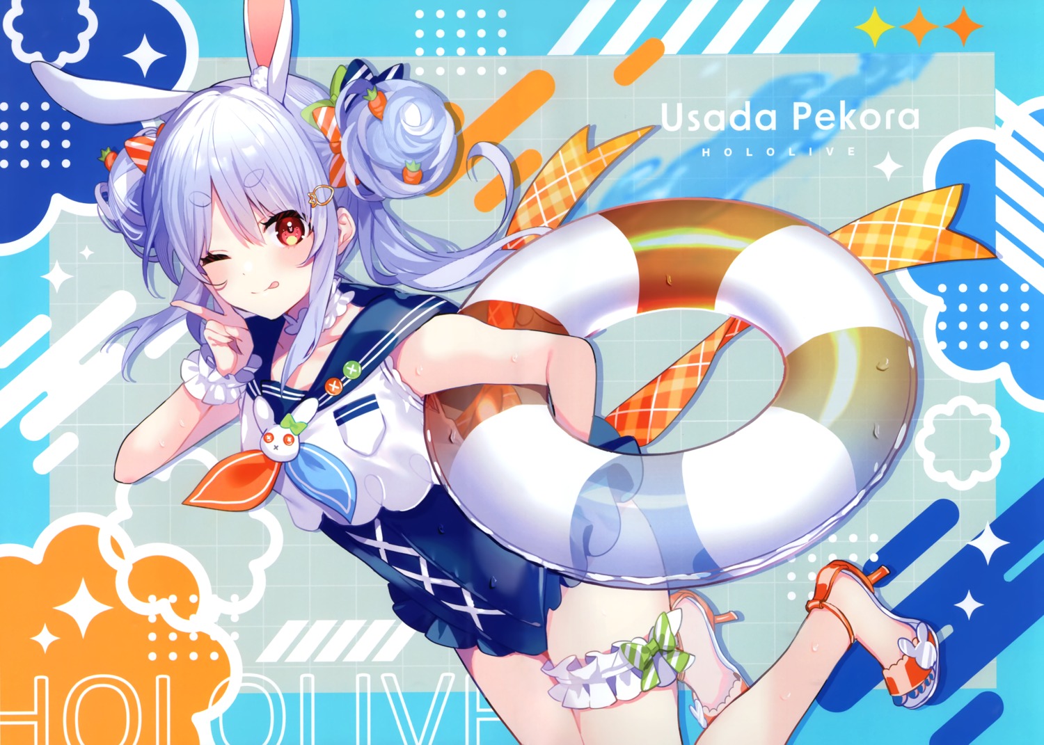 animal_ears bunny_ears chroma_(saine) garter heels hololive saine seifuku swimsuits usada_pekora wet