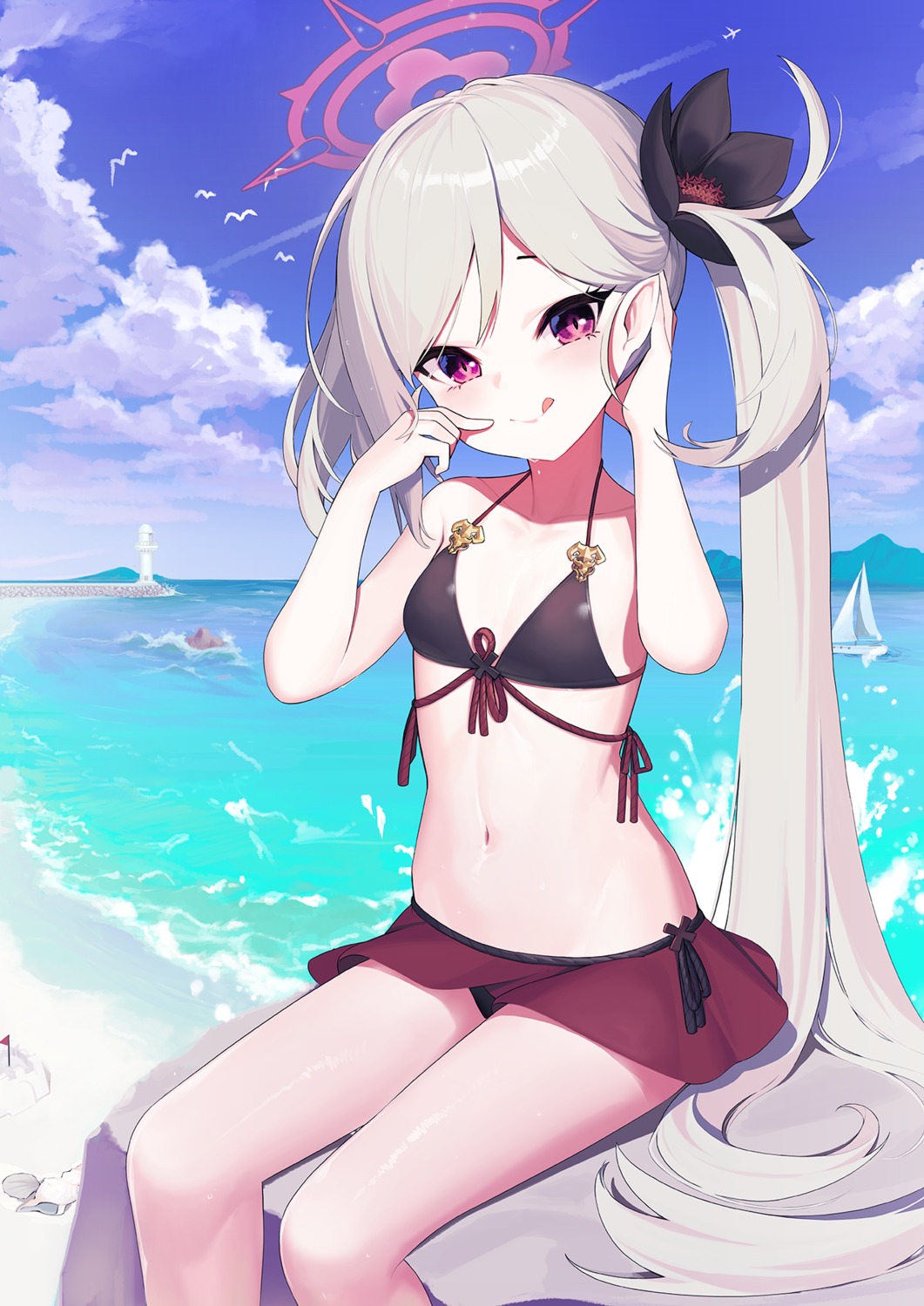 asagi_mutsuki bikini blue_archive halo pointy_ears skirt_lift swimsuits unidentified_nk