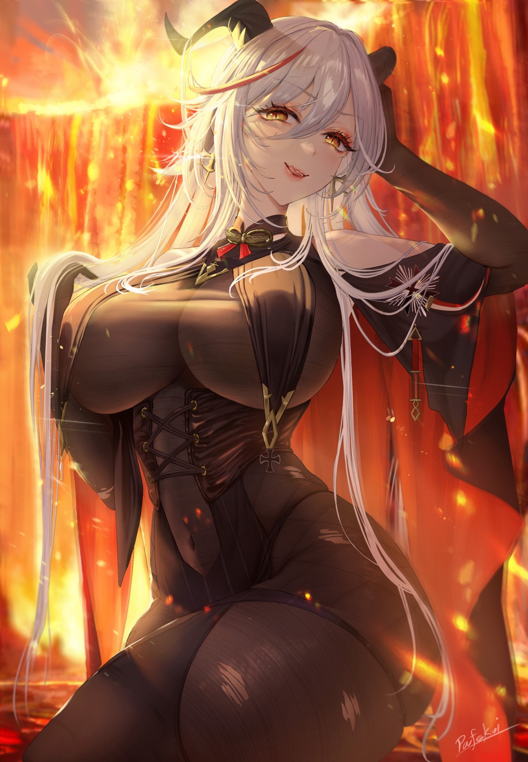 aegir_(azur_lane) azur_lane bodysuit horns pafekui torn_clothes