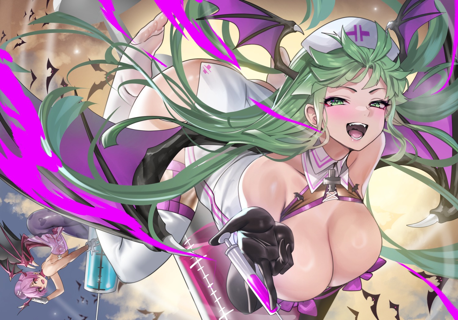 dark_stalkers garter lilith_aensland morrigan_aensland no_bra nurse stockings teddy_(khanshin) thighhighs wings