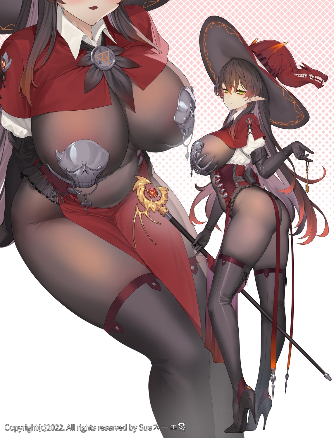 ass bodysuit breast_hold heels no_bra pasties pointy_ears see_through suerte thighhighs weapon witch