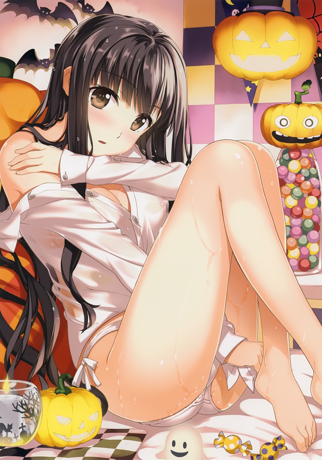 cleavage feet halloween open_shirt pantsu string_panties wet yan-yam