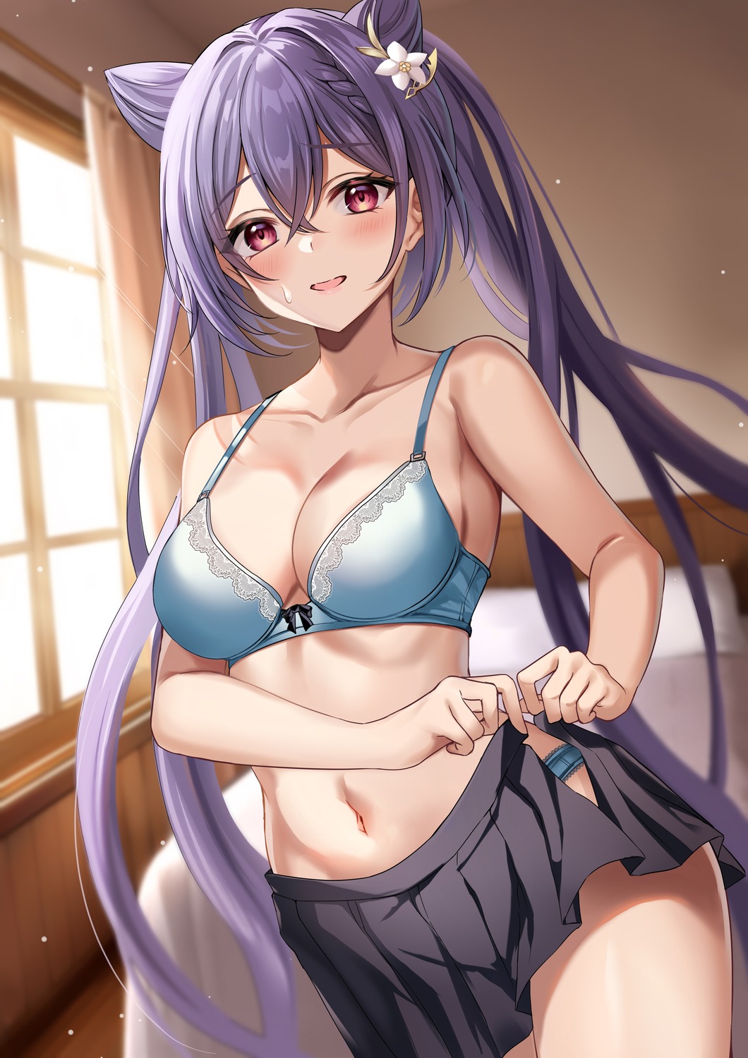 bra genshin_impact harimoji keqing pantsu seifuku undressing