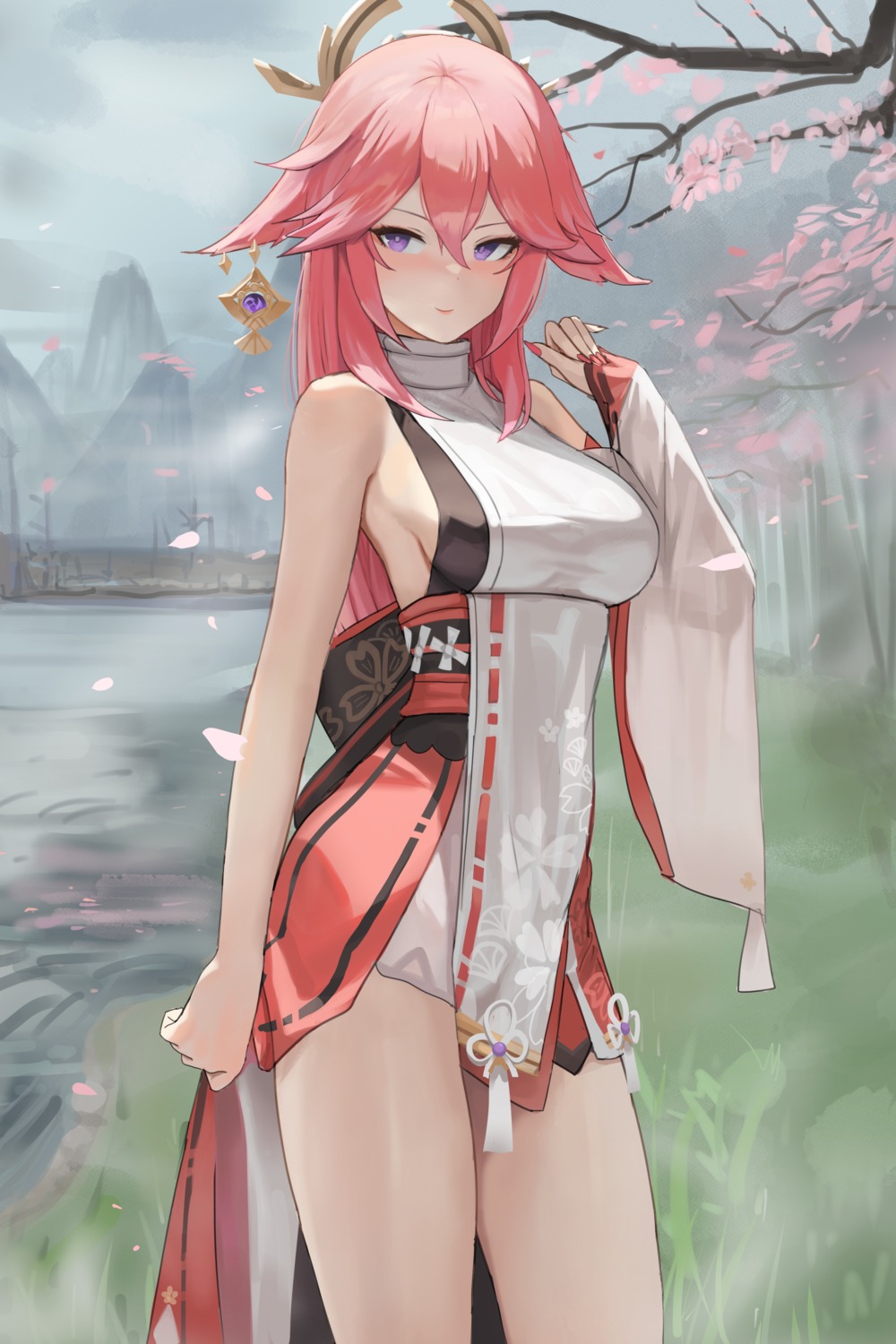 animal_ears dolri genshin_impact japanese_clothes kitsune no_bra yae_miko