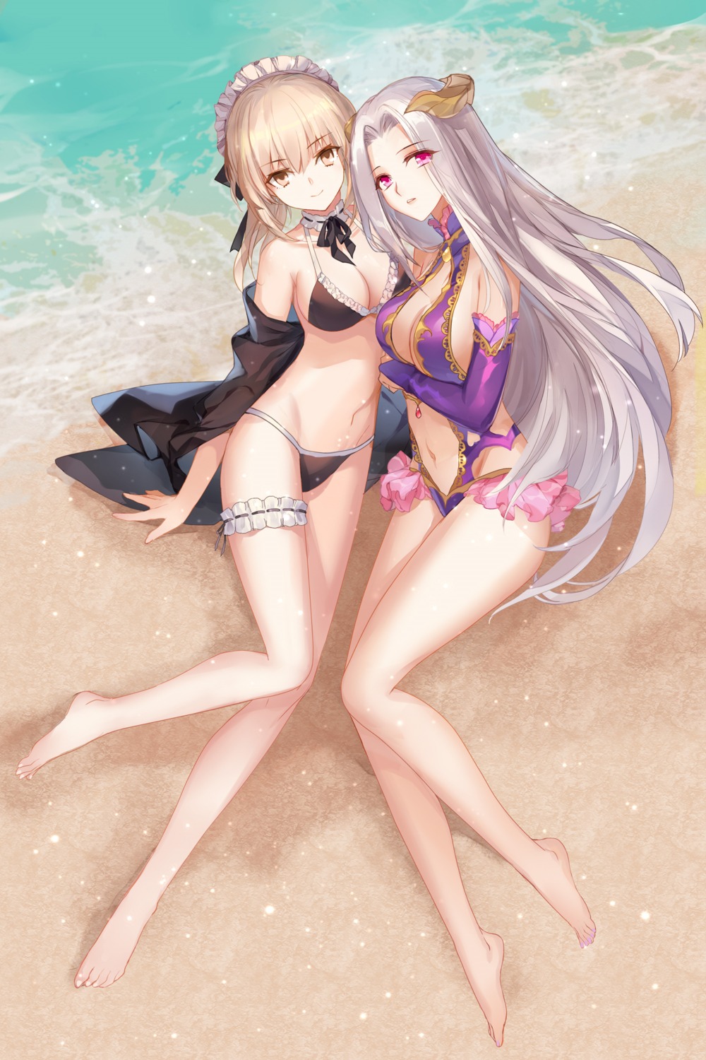 bikini breast_hold fate/stay_night fate/zero garter gekka_nanako horns irisviel_von_einzbern open_shirt saber saber_alter swimsuits