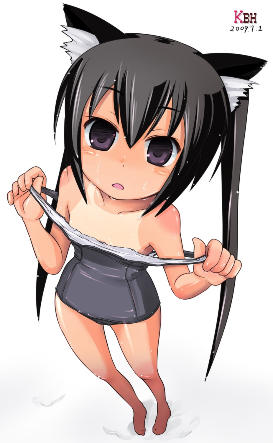 animal_ears k-on! kazuboh nakano_azusa nekomimi school_swimsuit swimsuits tan_lines undressing wet