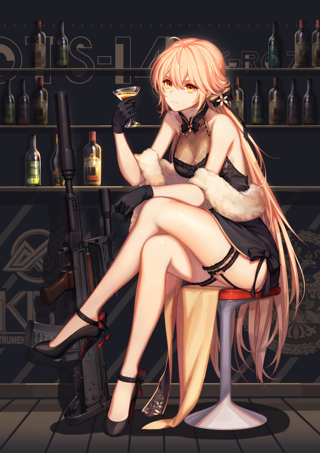 baek_hyang dress garter girls_frontline gun heels ots-14_(girls_frontline) see_through skirt_lift