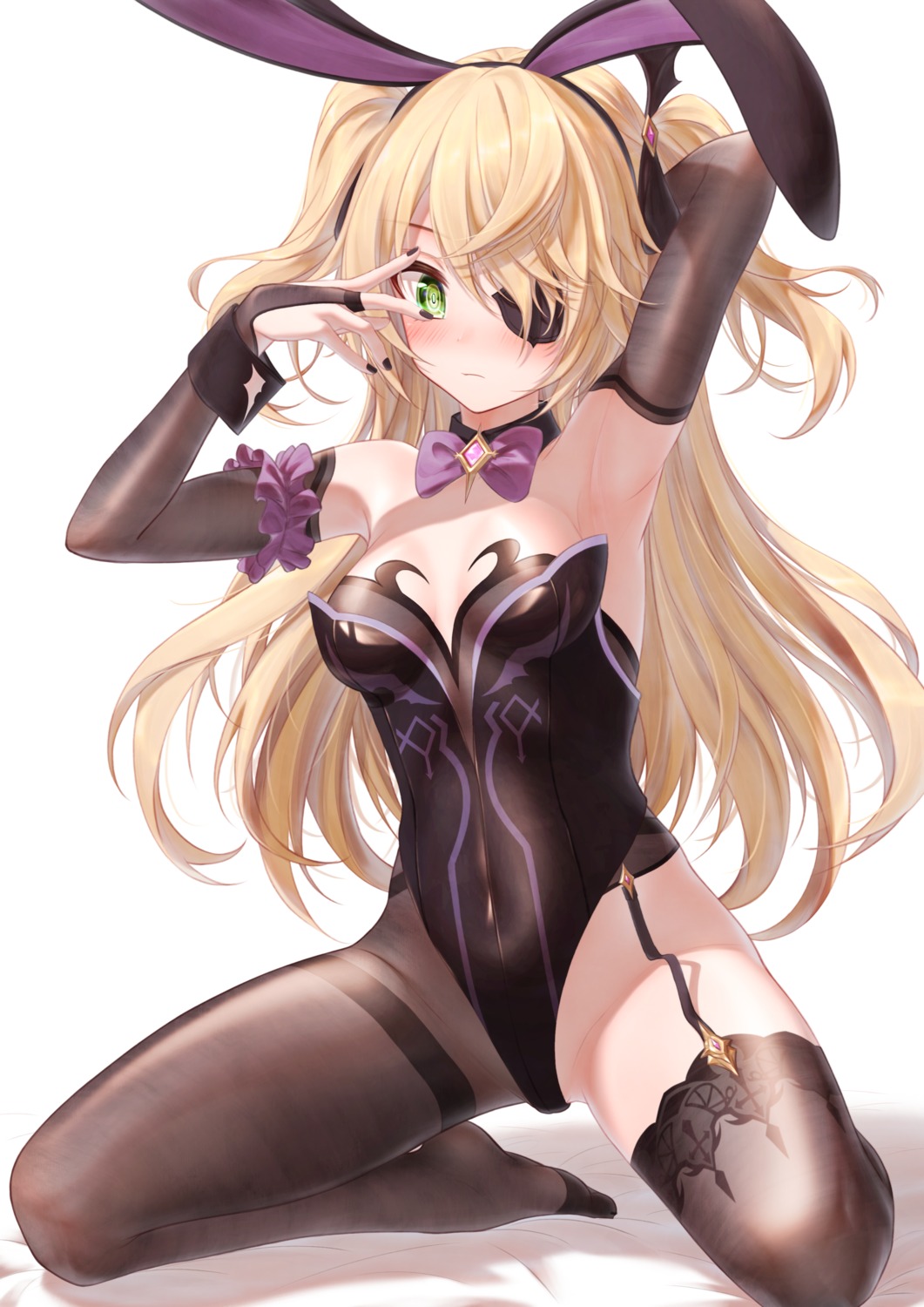 animal_ears bae.c bunny_ears bunny_girl eyepatch fischl genshin_impact no_bra stockings thighhighs