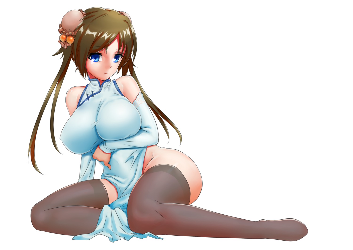 arashi_(artist) breast_hold chinadress erect_nipples no_bra nopan thighhighs