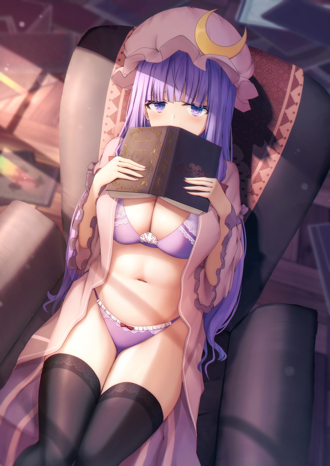 bra liya open_shirt pantsu patchouli_knowledge thighhighs touhou