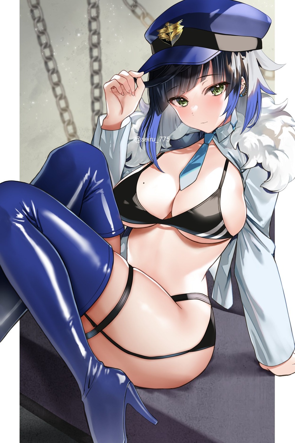 bikini garter genshin_impact heels hijiri_ruka open_shirt police_uniform stockings swimsuits thighhighs yelan