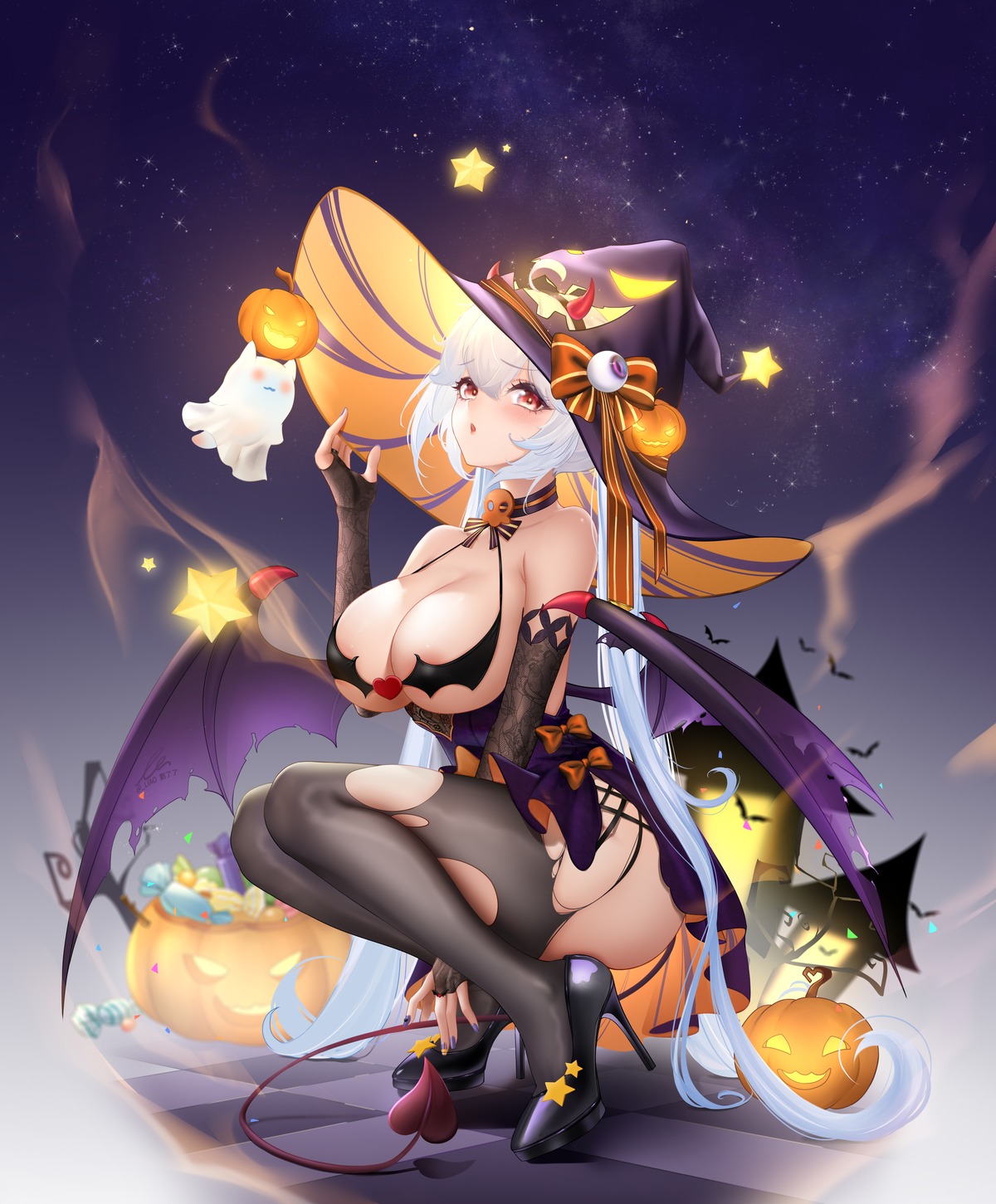 areola devil dress erect_nipples halloween heels horns liu_liaoliao no_bra pantyhose tail torn_clothes wings witch