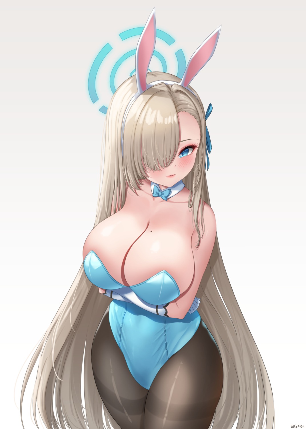 animal_ears blue_archive breast_hold bunny_ears bunny_girl halo ichinose_asuna no_bra pantyhose tagme