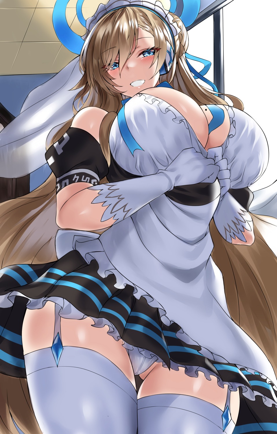 blue_archive farys_(afopahqfw) halo ichinose_asuna no_bra open_shirt pantsu skirt_lift stockings thighhighs undressing