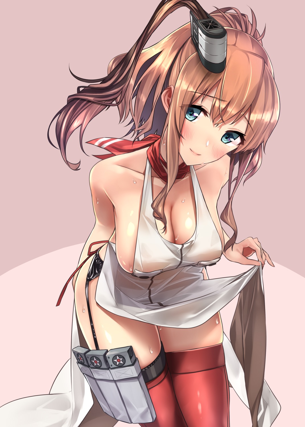 baffu cleavage kantai_collection naked_apron saratoga_(kancolle) see_through stockings thighhighs