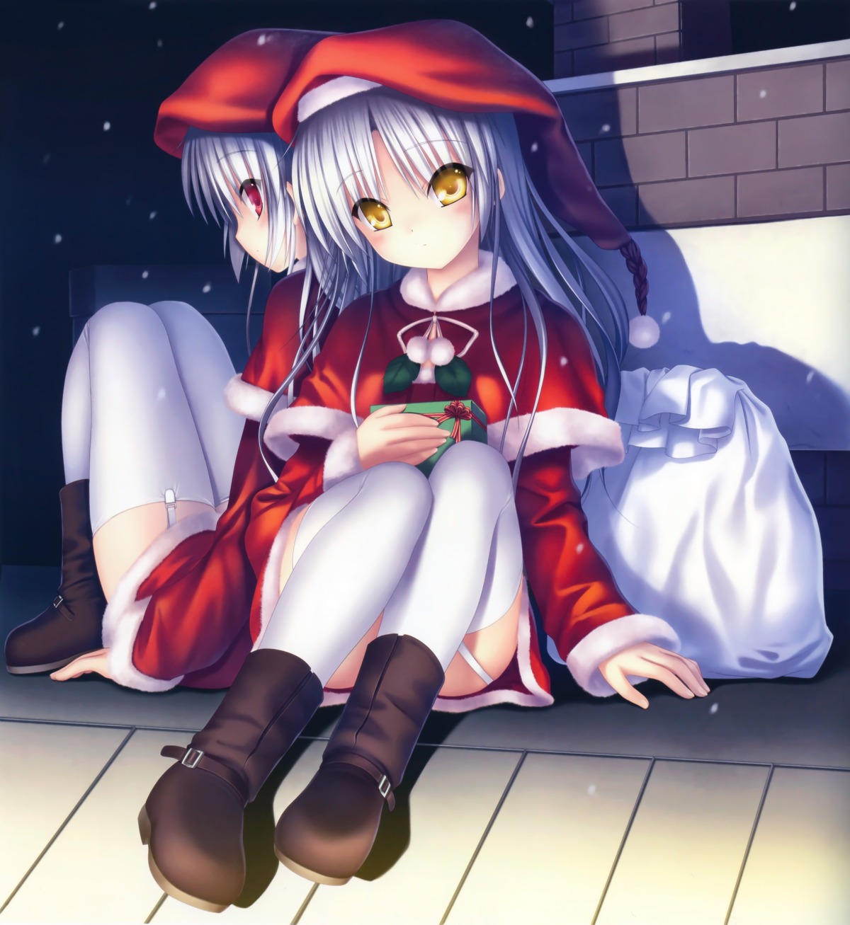 angel_beats! christmas dress key na-ga skirt_lift stockings tachibana_kanade thighhighs