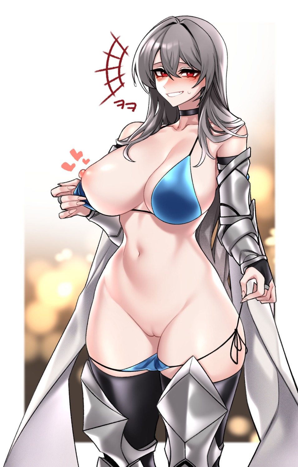 armor bikini breasts dogs_(dlrkdejr26) nipples panty_pull pussy swimsuits thighhighs uncensored undressing