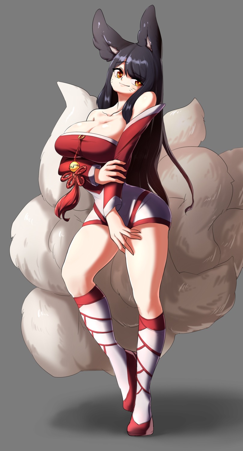 ahri animal_ears japanese_clothes league_of_legends no_bra tail yabby