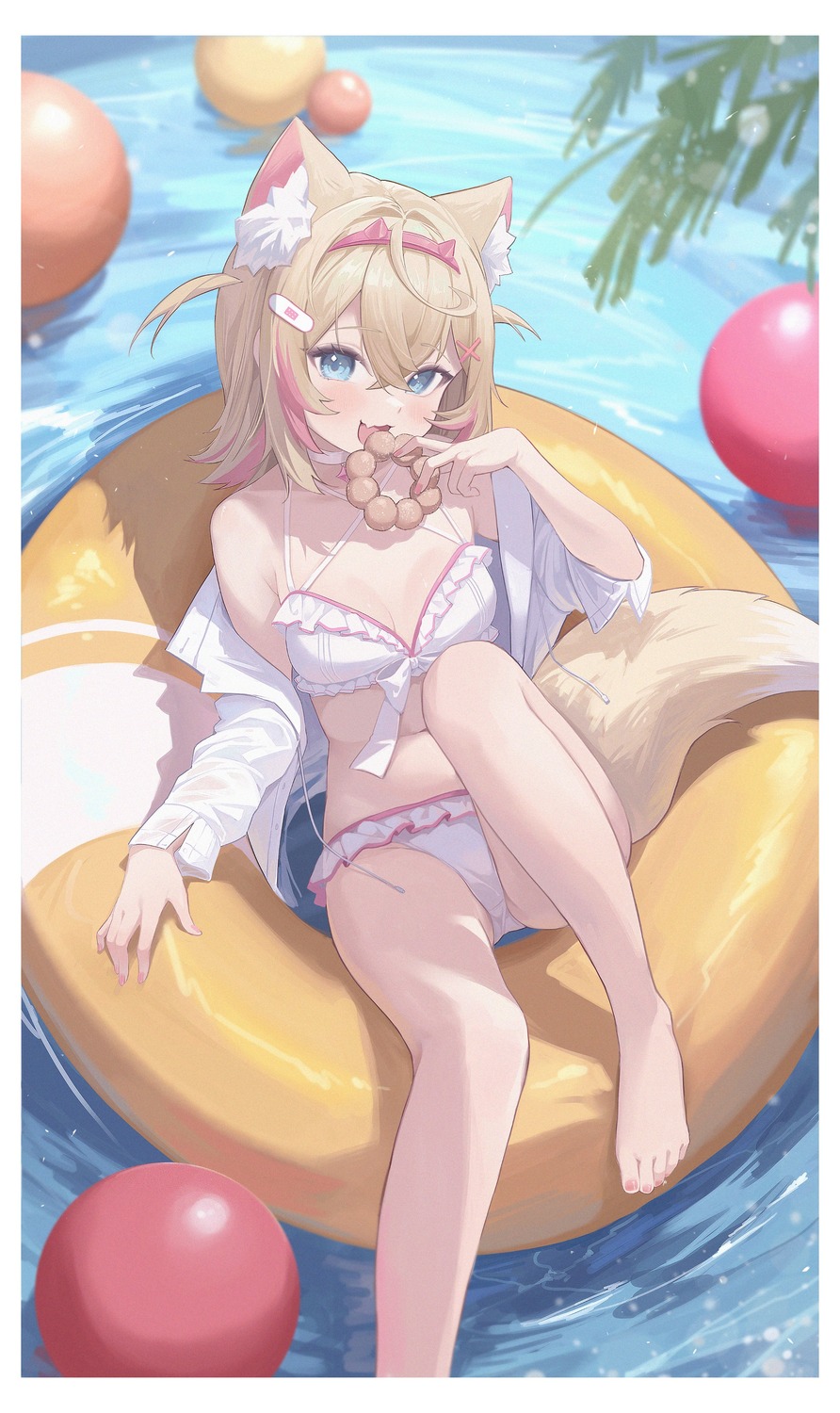 animal_ears bandaid bikini dress_shirt hololive hololive_english inumimi midori_xu mococo_abyssgard open_shirt swimsuits tail