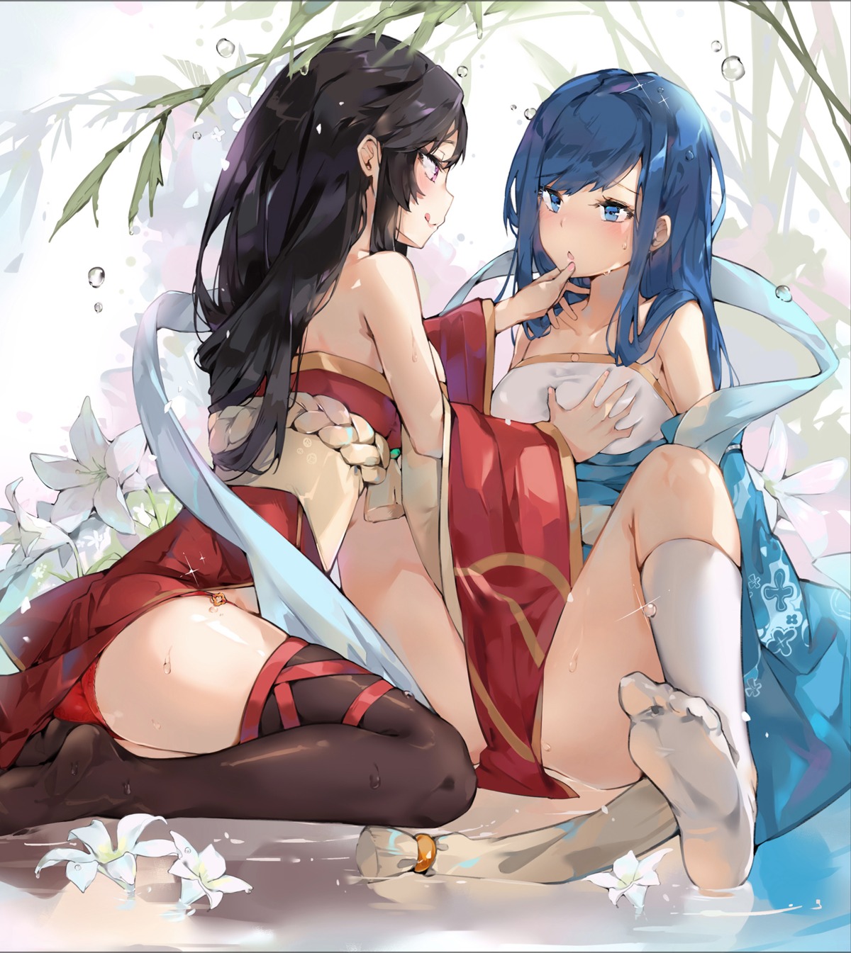 asian_clothes ass breast_grab dema_hmw feet garter no_bra pantsu skirt_lift thighhighs wet yuri