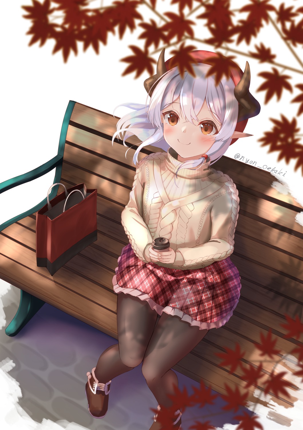 horns nyon_oekaki pantyhose pointy_ears sweater