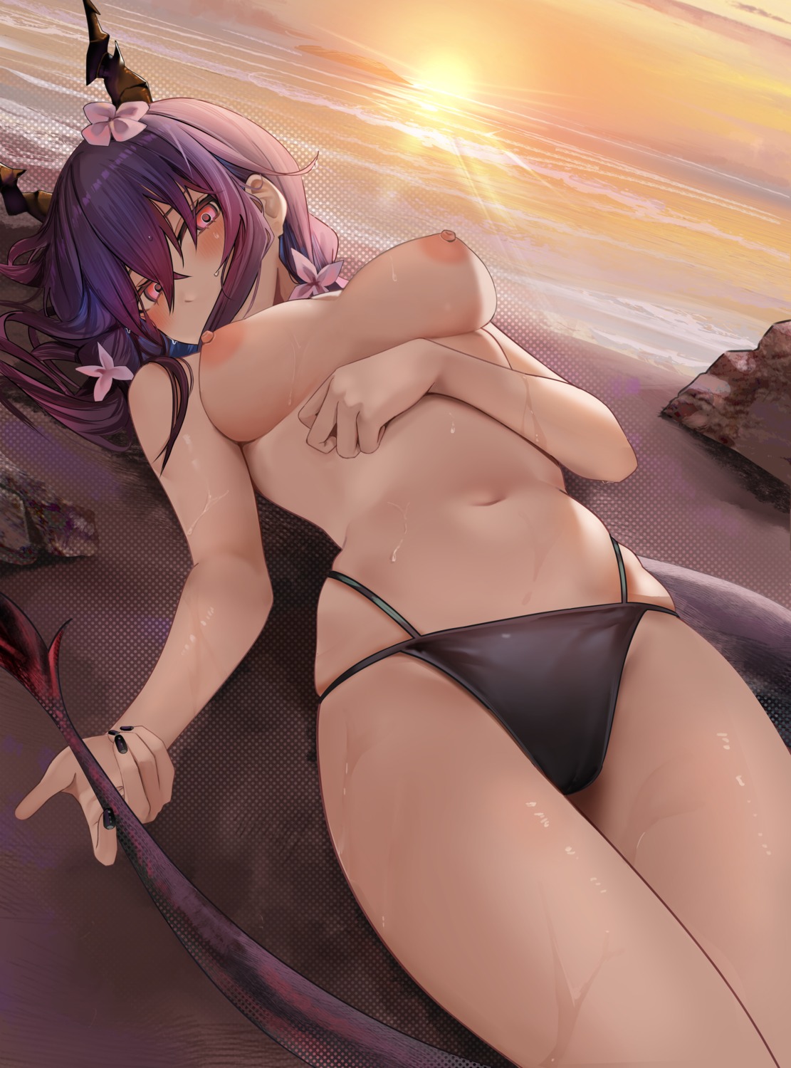 arknights bikini cameltoe ch'en_(arknights) horns nipples ru_zhai swimsuits tail topless wet