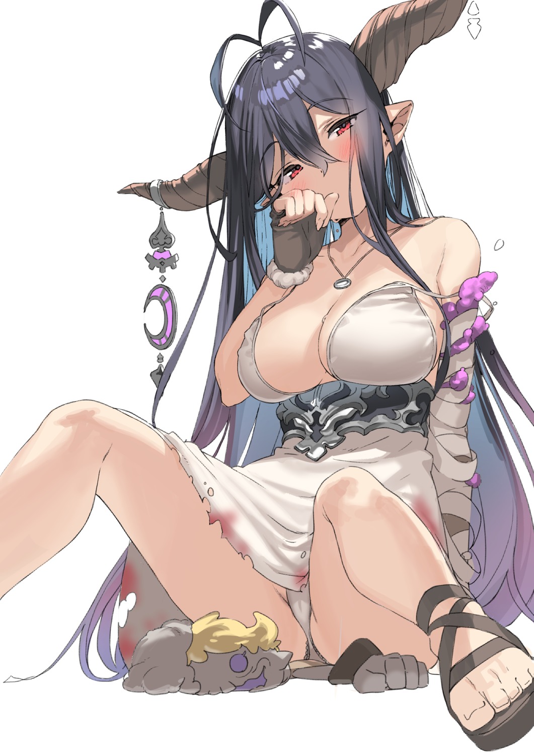 bandages blood cameltoe danua granblue_fantasy horns kanzarin no_bra pantsu pointy_ears skirt_lift thong torn_clothes