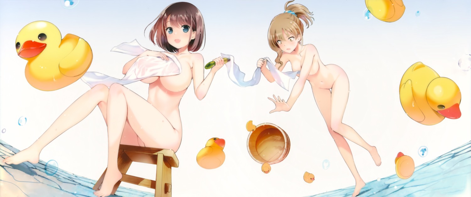 bathing breast_hold erect_nipples kobayashi_ritz naked saki towel unozawa_shiori watanabe_rune