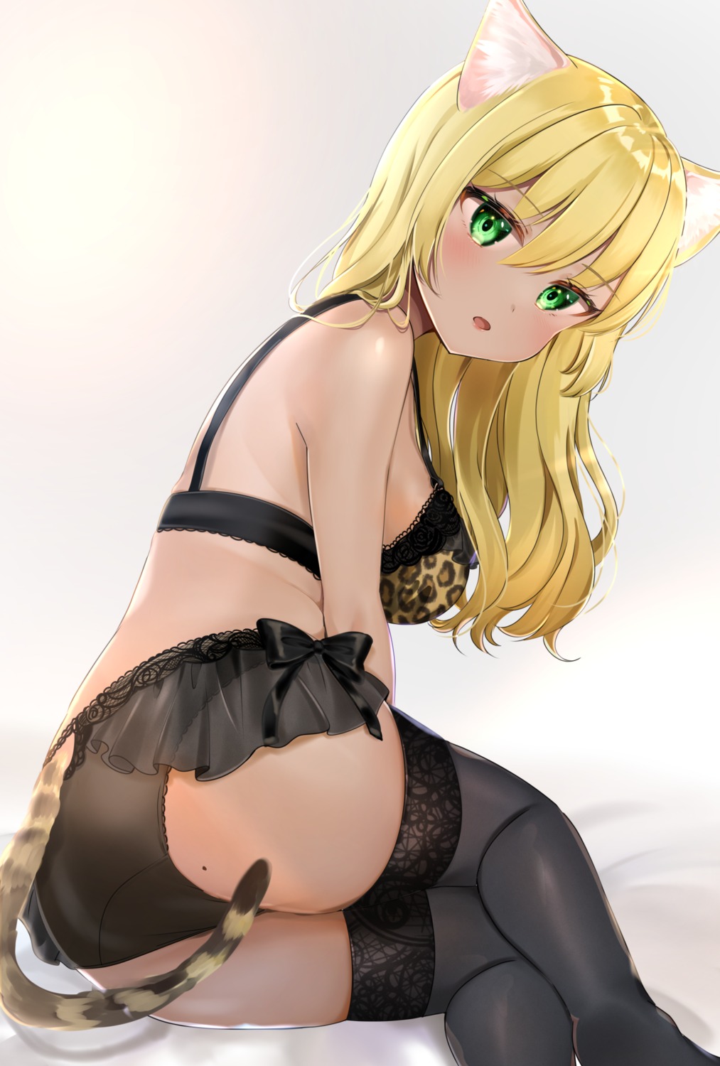 animal_ears ass bra katsushika_pachi lingerie nekomimi pantsu see_through tail thighhighs