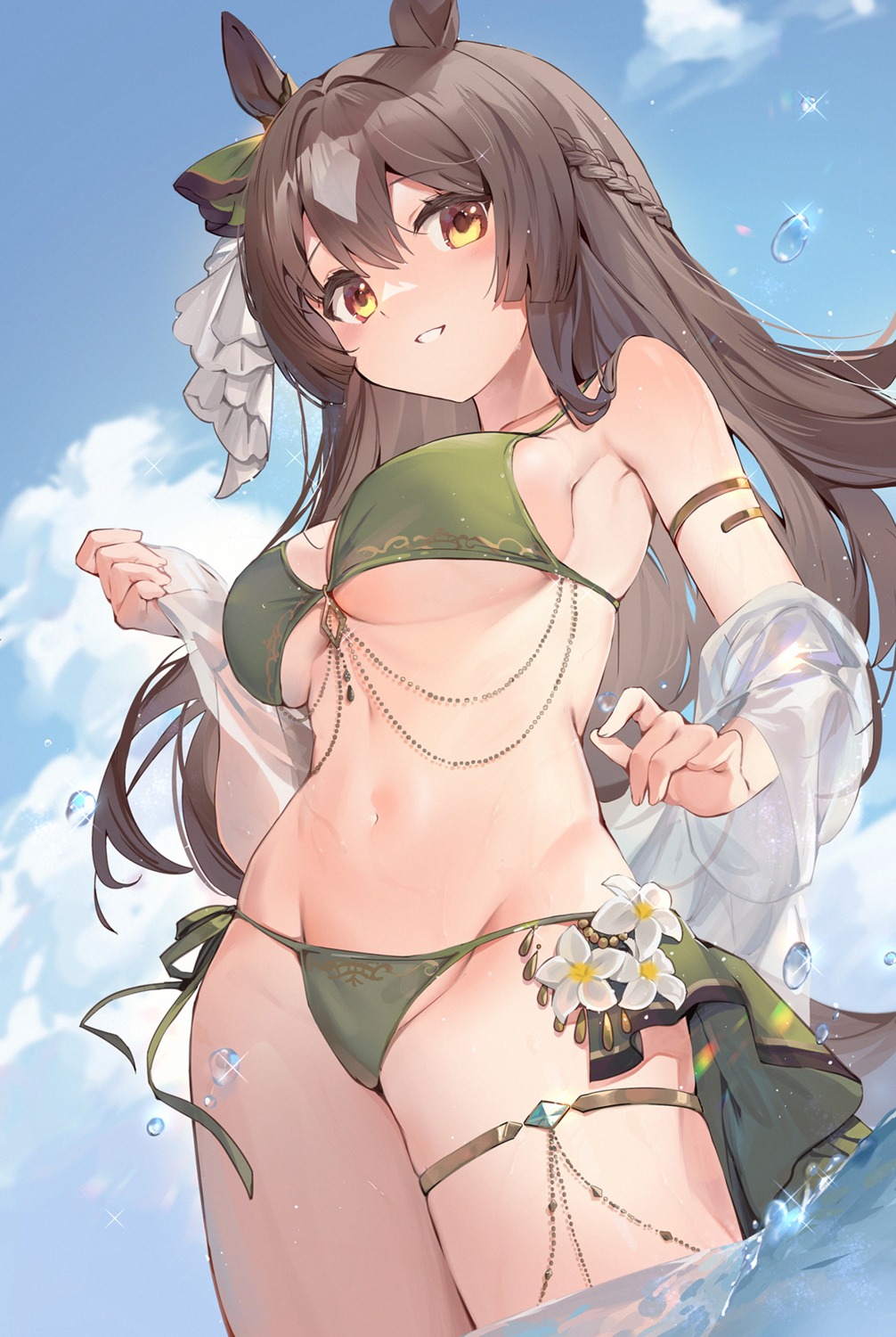 animal_ears bikini garter kita_(kitairoha) open_shirt satono_diamond_(umamusume) see_through swimsuits tail uma_musume_pretty_derby wet