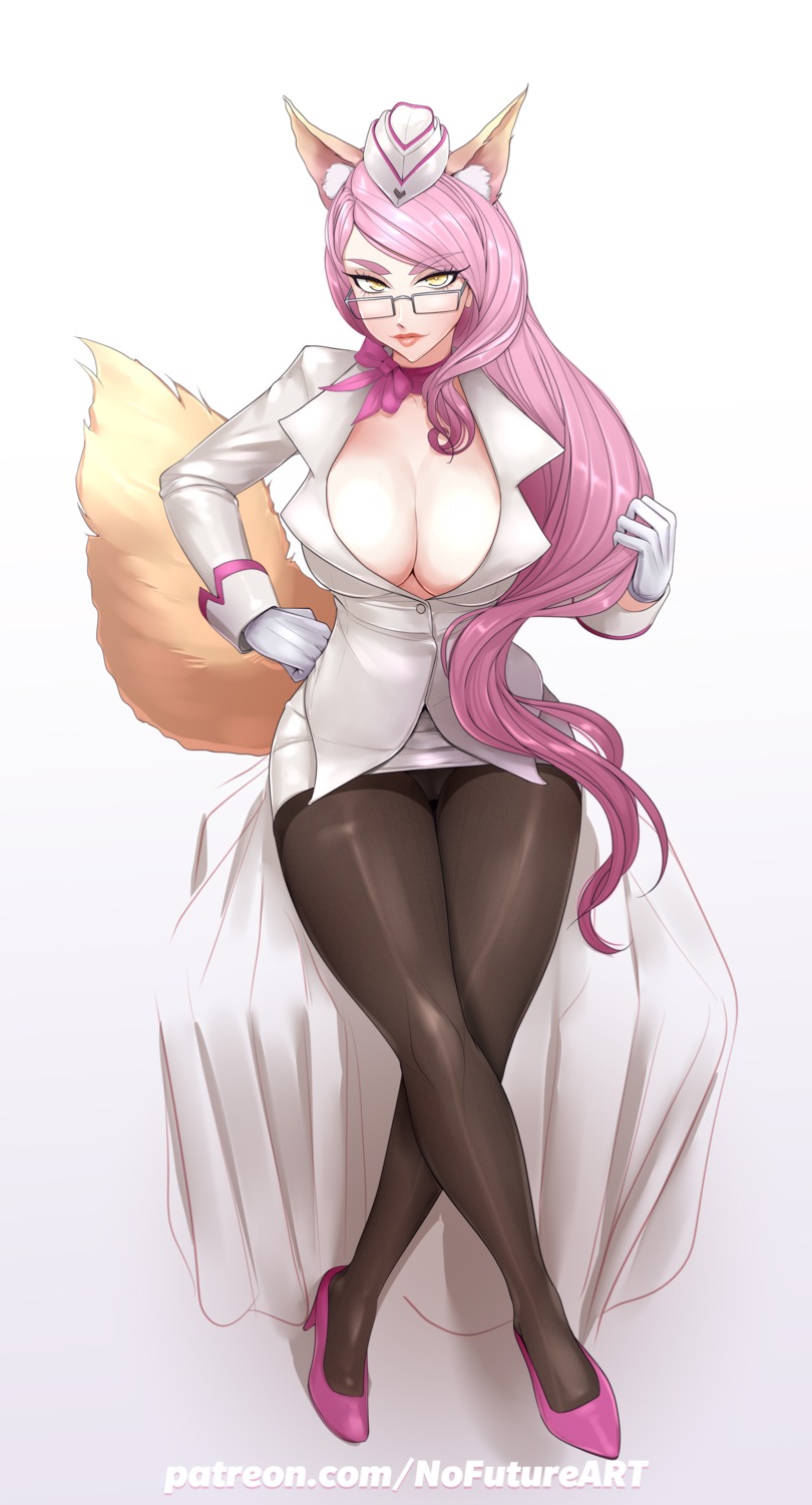 animal_ears fate/grand_order heels kitsune megane no_bra nofuture open_shirt pantsu pantyhose see_through skirt_lift tail tamamo_vitch_koyanskaya