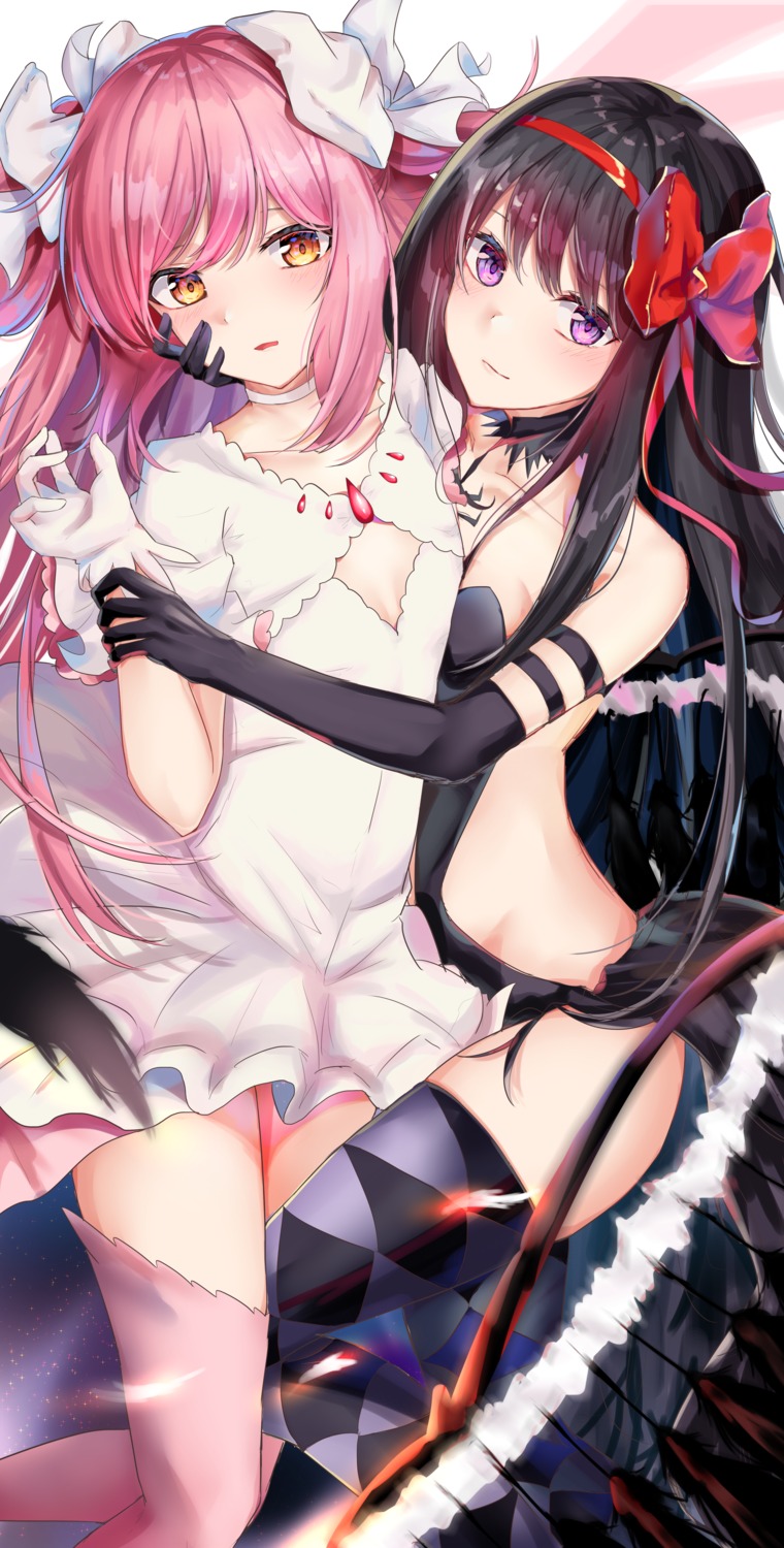 akemi_homura cleavage dhum2325 kaname_madoka no_bra puella_magi_madoka_magica symmetrical_docking thighhighs ultimate_madoka wings yuri