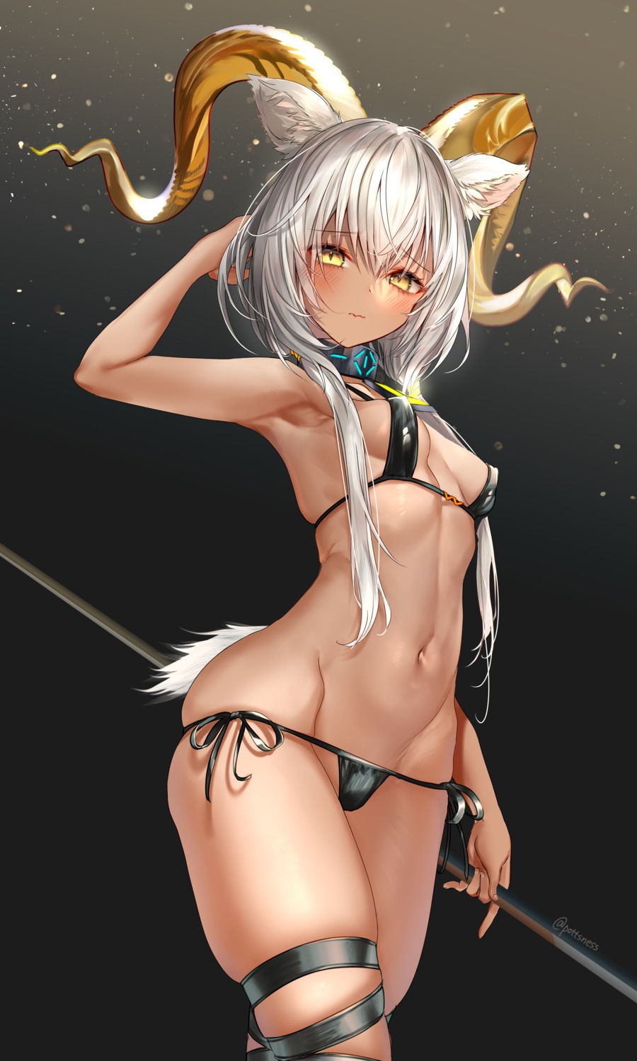 animal_ears arknights beeswax_(arknights) bikini erect_nipples garter horns pottsness swimsuits tail weapon