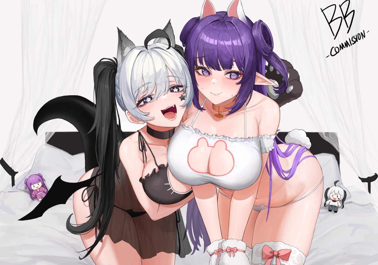 animal_ears bra breast_hold buff_bard chibi lingerie pantsu pointy_ears see_through string_panties tail thighhighs wings