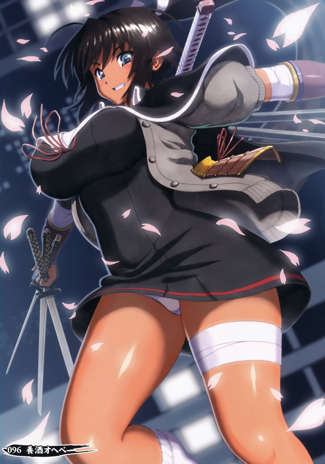 bandages homura_(senran_kagura) pantsu screening seifuku senran_kagura sweater sword weapon yo-shu_ohepe