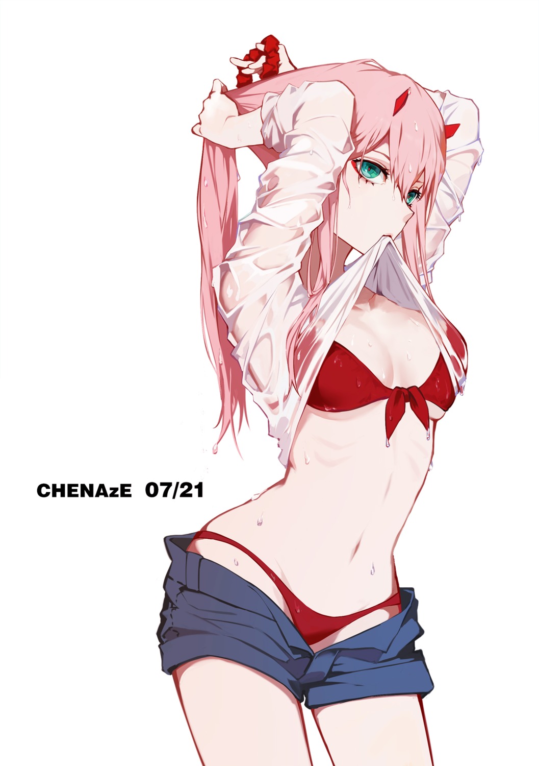 bikini chenaze57 cleavage darling_in_the_franxx horns see_through shirt_lift swimsuits wet wet_clothes zero_two_(darling_in_the_franxx)