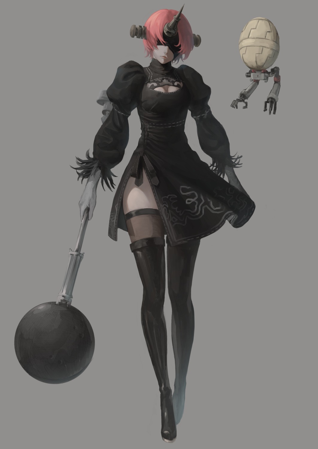 cleavage cosplay dress fate/grand_order frankenstein's_monster_(fate) horns nier_automata peperon skirt_lift thighhighs weapon yorha_no.2_type_b