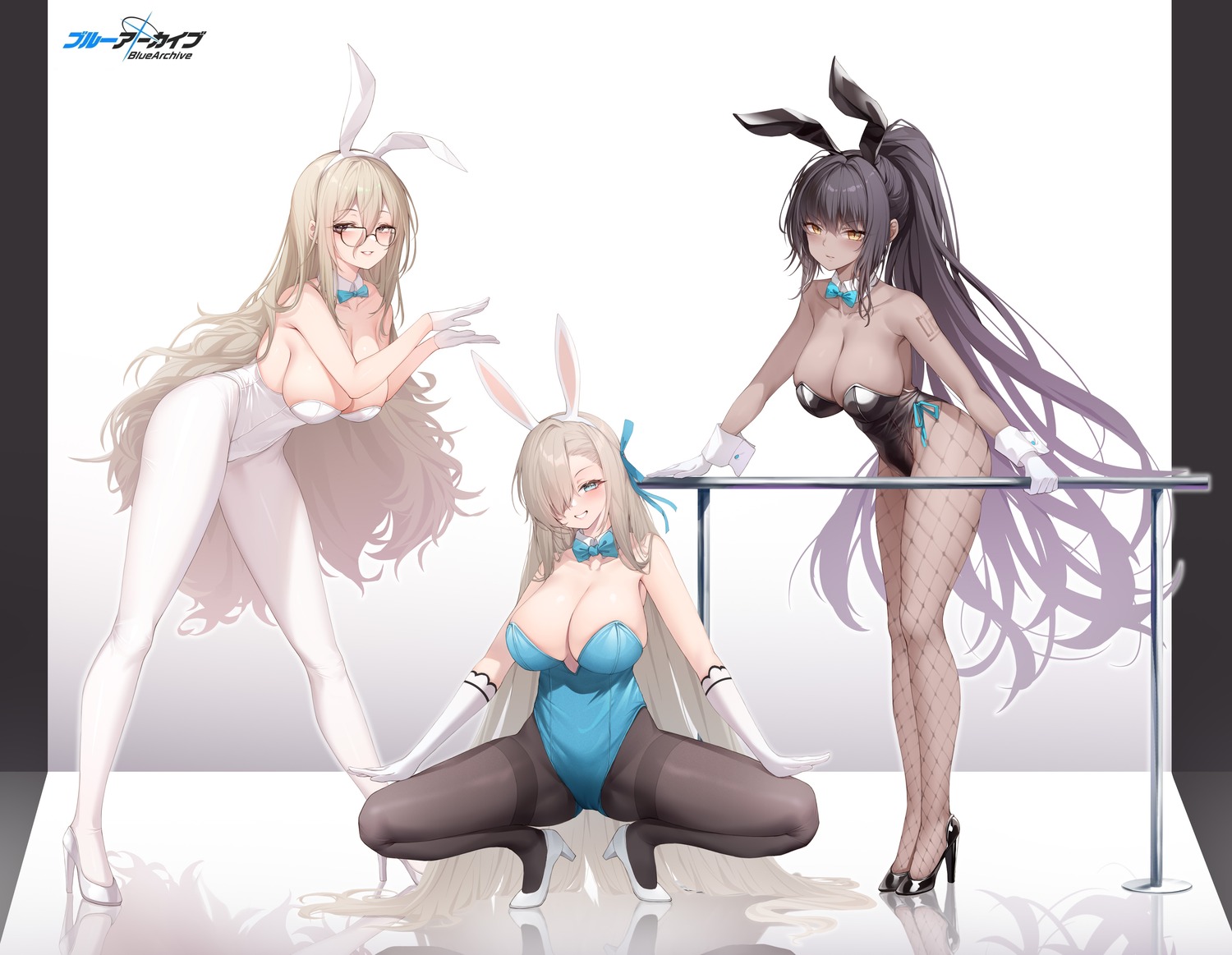 animal_ears blue_archive bunny_ears bunny_girl fishnets heels ichinose_asuna kakudate_karin kanon_12361024 megane murokasa_akane no_bra pantyhose tattoo