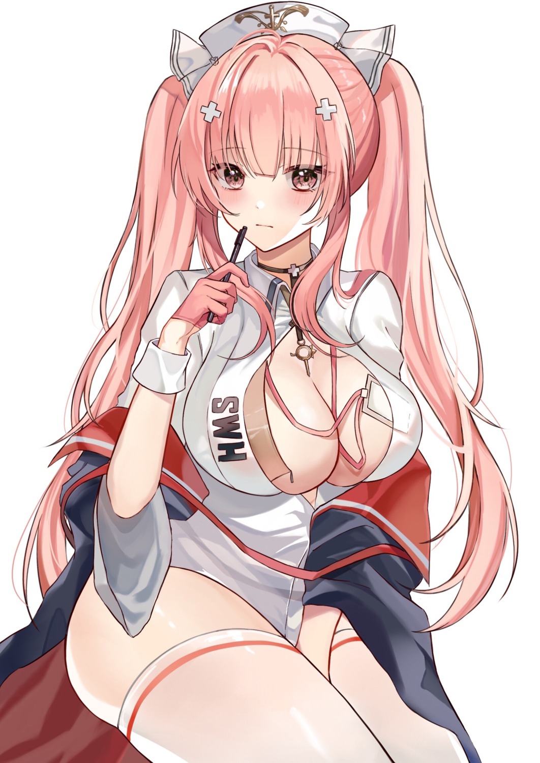 azur_lane ki-san no_bra nurse open_shirt perseus_(azur_lane) thighhighs