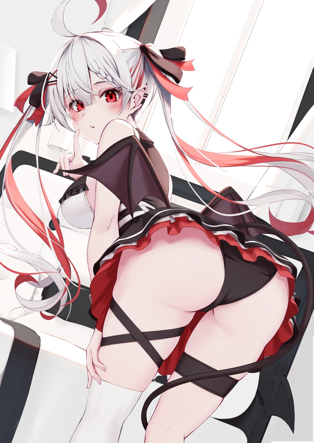 ass bra devil garter nyan_(reinyan_007) pantsu pointy_ears skirt_lift tail thighhighs thong wings