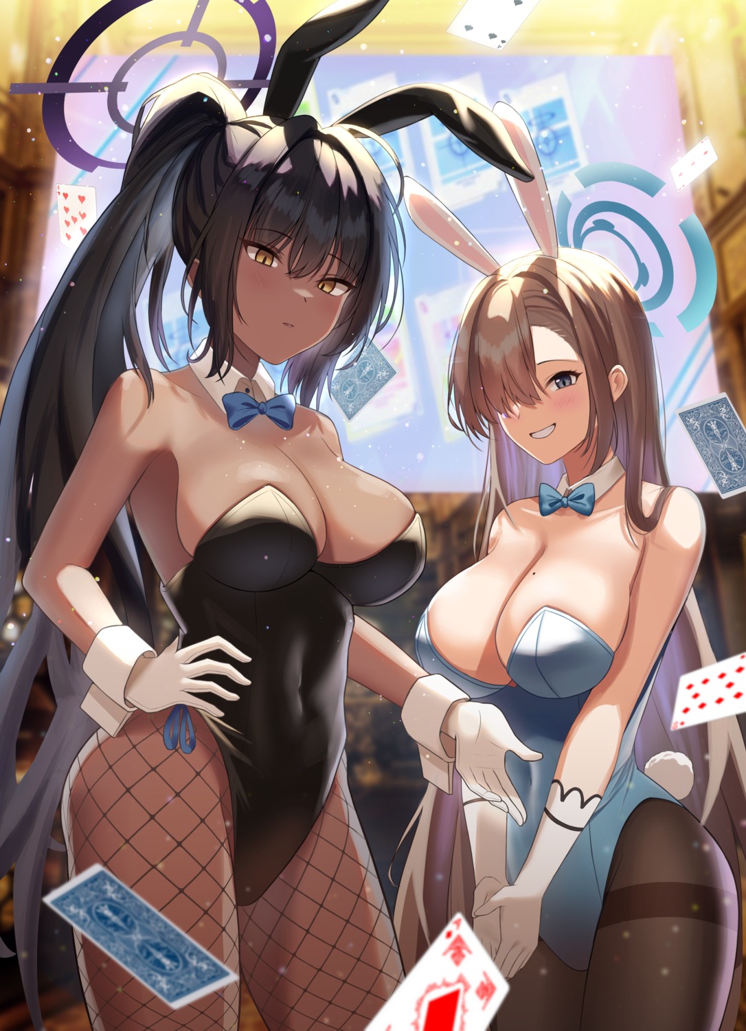 animal_ears blue_archive bunny_ears bunny_girl fishnets halo ichinose_asuna kakudate_karin no_bra pantyhose rahy tail