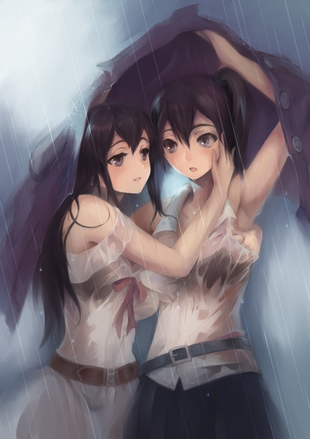 akagi_(kancolle) bra breast_grab bzerox dress kaga_(kancolle) kantai_collection see_through wet_clothes yuri