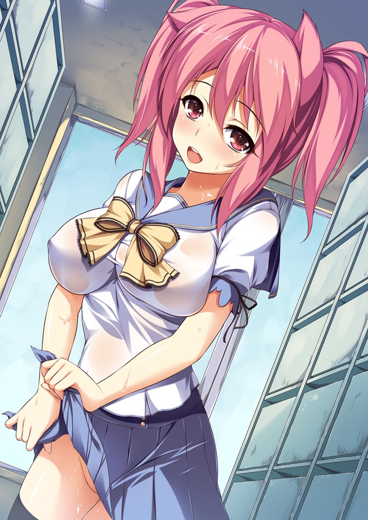 erect_nipples iroha_(unyun) nopan see_through seifuku thighhighs wet wet_clothes